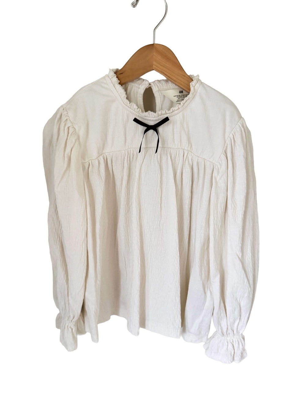 H&M Cream Long-Sleeve Peasant Blouse with Black Bow Accent